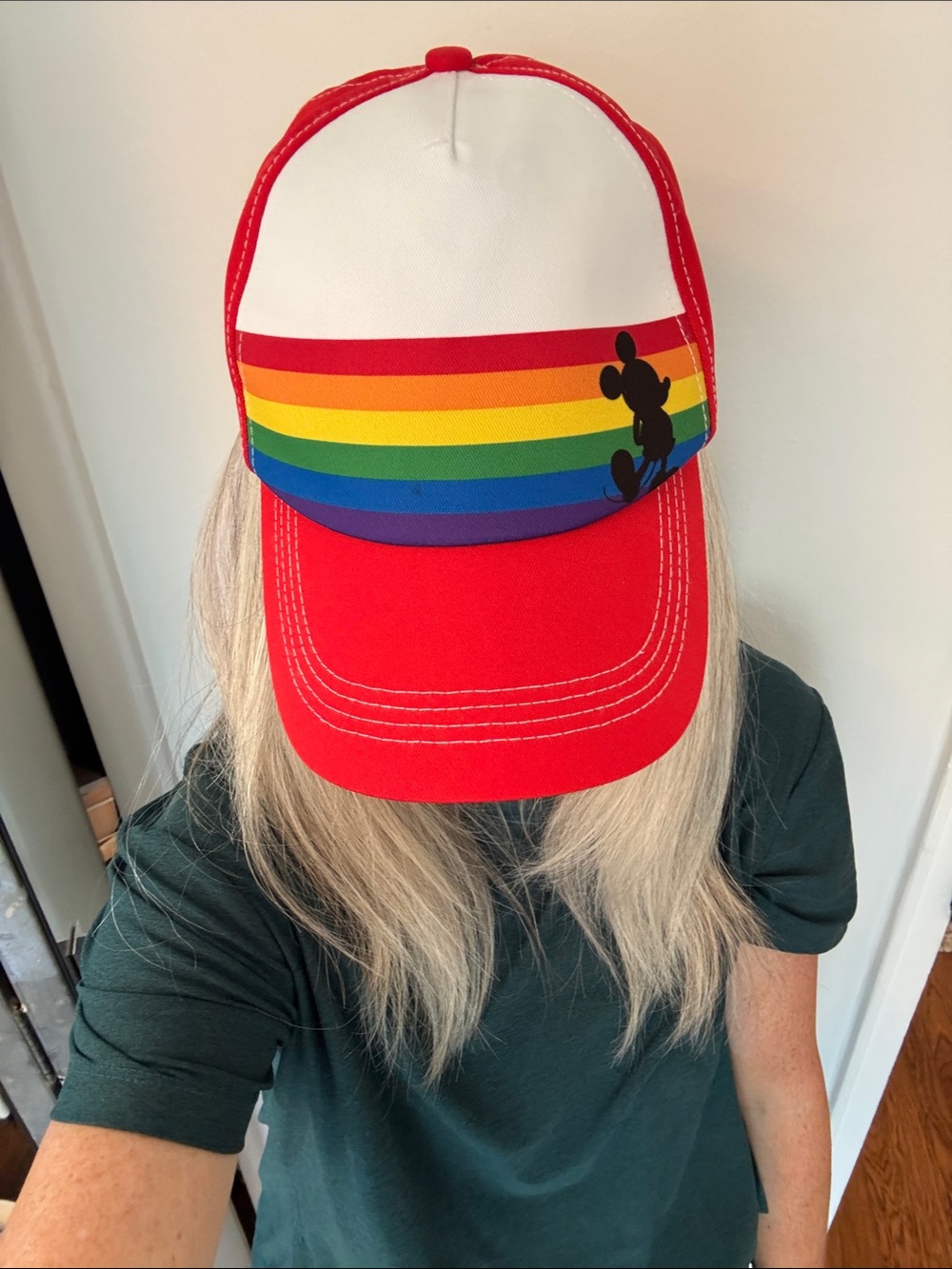 Disney Red Pride Trucker Hat with Rainbow Stripes and Mickey Mouse Silhouette
